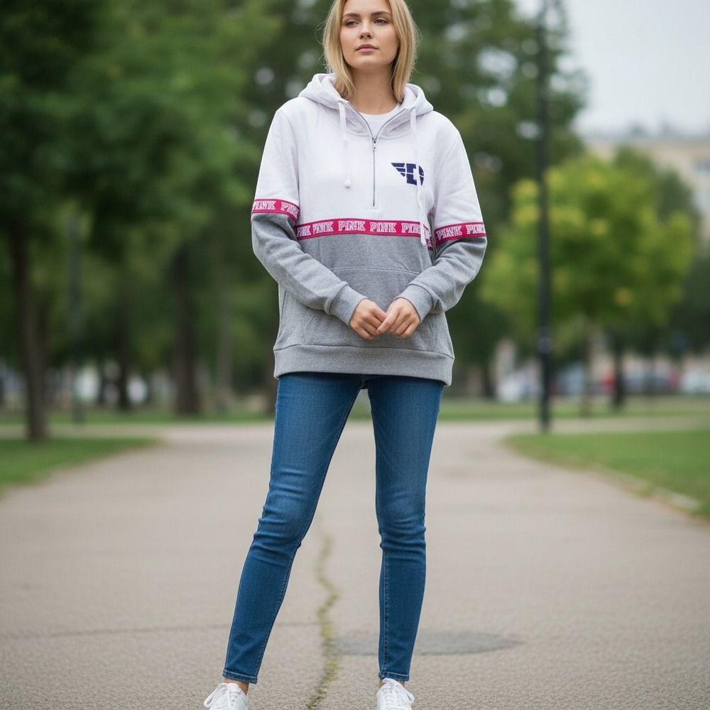 PINK Victoria's Secret Hoodie Medium White Gray Excellent Colorblock Quarter-Zip
